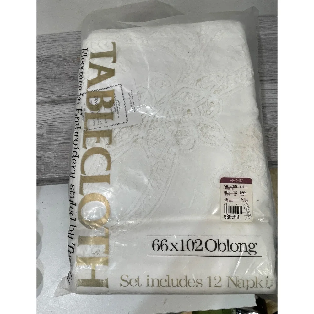 Bel Air White Battenburg Lace Tablecloth 66x102 Oblong 12 Napkins 100% Cotton
